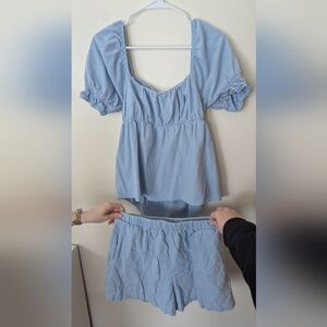 Light Blue Puff Sleeve Two-Piece Top and Skirt Set